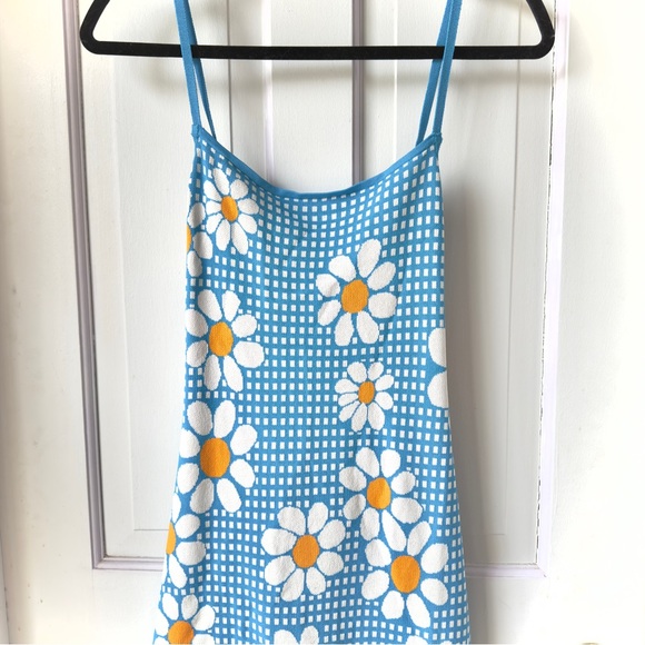 Zara Blue Gingham Daisy Knit Mini Dress Size Large - Picture 6 of 12